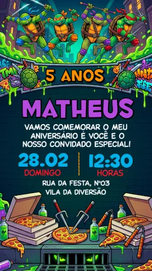 Convite de Aniversário Tartarugas Ninjas Vibrante para Editar