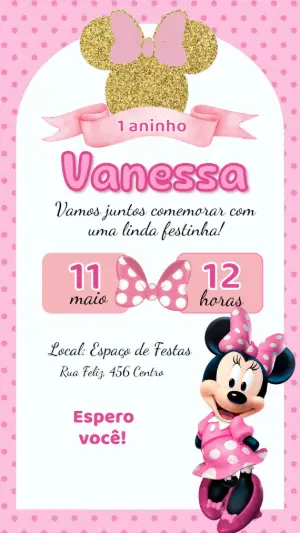 Convite Aniversário Minnie Mouse Rosa para Editar Online