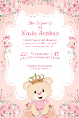 Convite Chá de Fraldas Ursinha Princesa Floral para Editar Online