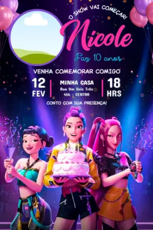 Convite de Aniversário Guerreiras do Kpop com Foto para Editar