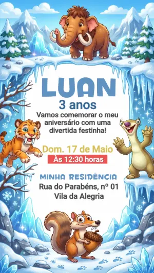 Convite de Aniversário Era do Gelo Fofo para Editar