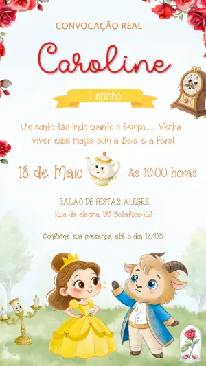 Convite de Aniversário A Bela e a Fera para Editar Online