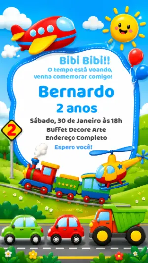 Convite de Aniversário Meios de Transporte Colorido para Editar
