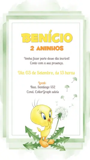 Convite de Aniversário Piu Piu Baby Looney Tunes para Editar