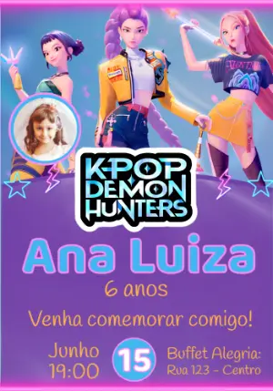 Invitation d'anniversaire KPop Demon Hunters – Statique – Convites e Artes Digitais