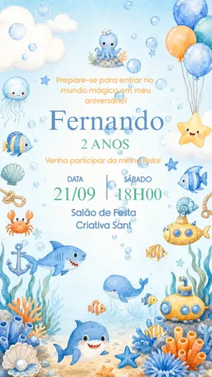 Convite Animado Aniversário Fundo do Mar Aquarela para Editar