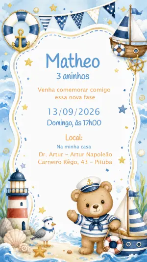 Convite Aniversário Ursinho Marinheiro para Editar