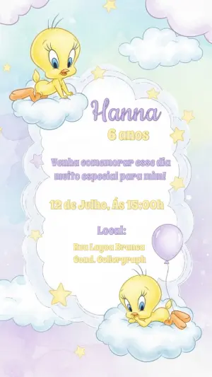Convite de Aniversário Piu Piu Editável Online para Imprimir