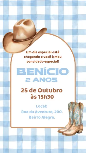 Convite de Aniversário Cowboy Country Aquarela Editável