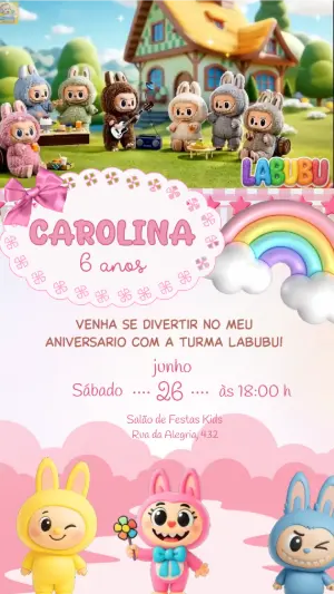 Vídeo Convite de Aniversário Labubu Rosa para Editar