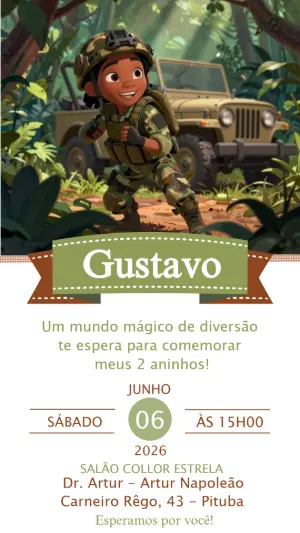 Convite Digital Infantil Aventura Militar Editável