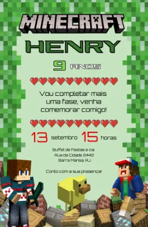 Convite de Aniversário Minecraft Editável para Menino