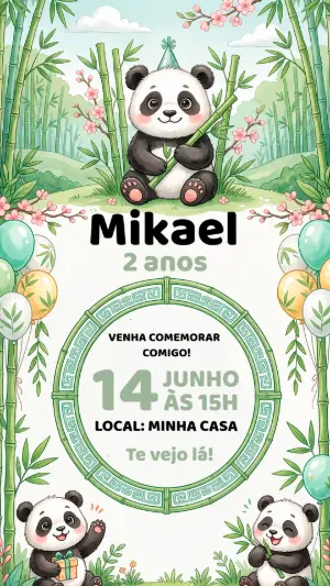 Convite Digital Aniversário Panda Fofo Aquarela para Editar