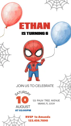 Spider-Man Birthday Invitation with Balloons - Editable Template
