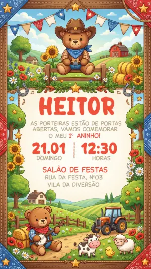 Convite de Aniversário Ursinho Fazendeiro Editável