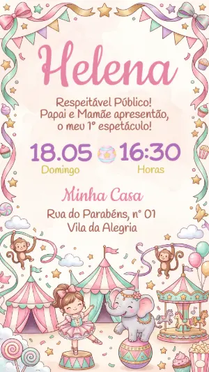 Convite de Aniversário Circo Rosa Menina Editável