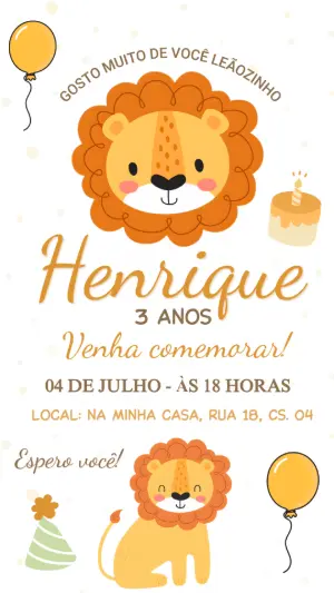 Convite de Aniversário Infantil Leãozinho Fofo para Editar