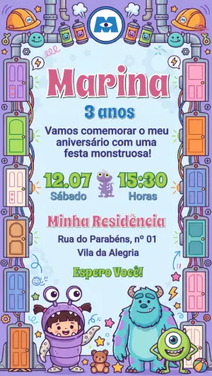 Convite de Aniversário Infantil Monstros SA Editável