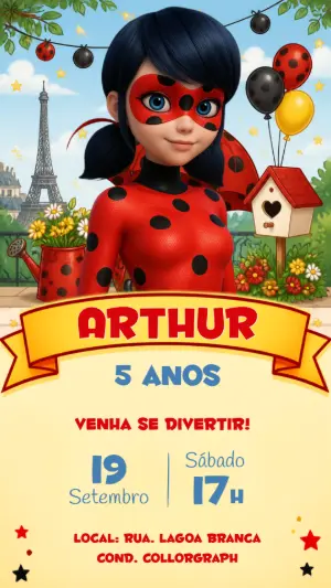 Convite de Aniversário Miraculous Ladybug Editável