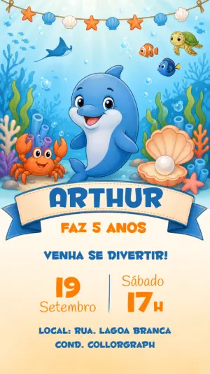 Convite de Aniversário Golfinho Fundo do Mar para Editar