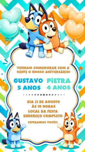 Convite de Aniversário Duplo Bluey e Bingo Editável