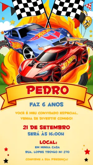 Convite de Aniversário Hot Wheels Editável para Envio Digital