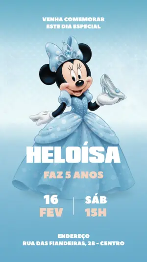 Convite de Aniversário Minnie Princesa Cinderela Editável