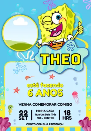 Convite de Aniversário Bob Esponja Fundo do Mar Editável
