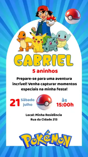 Convite Animado de Aniversário Pokémon com Ash e Pikachu Editável