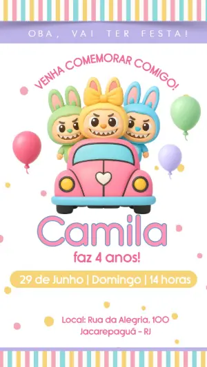 Convite Aniversário Labubu com Bonecos Fofos para Editar Online