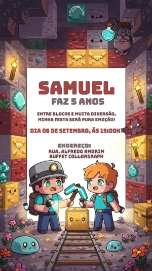 Convite de Aniversário Minecraft Fofo para Editar Online