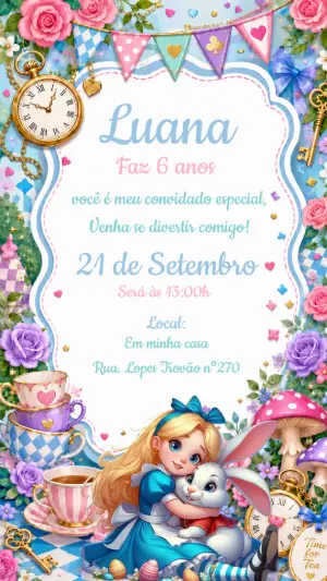 Convite de Aniversário Alice no País das Maravilhas Editável