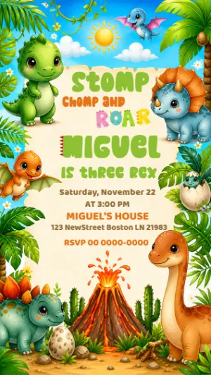 Editable 'Three Rex' Dinosaur Birthday Party Invite