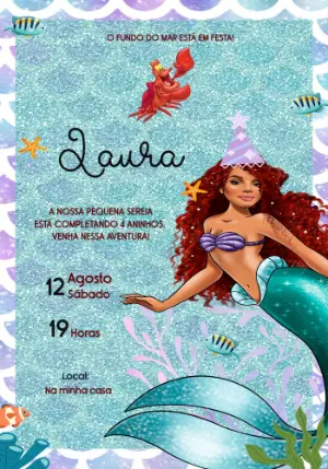 Convite de Aniversário Pequena Sereia para Editar Online
