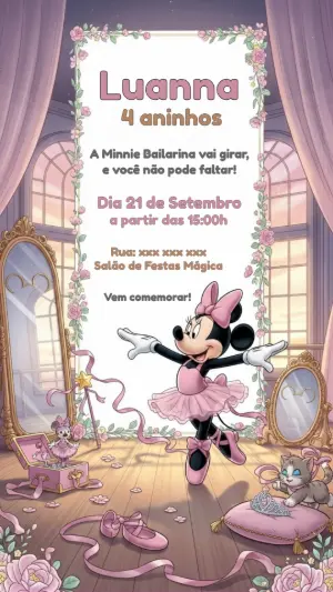 Convite Aniversário Minnie Bailarina para Editar Online