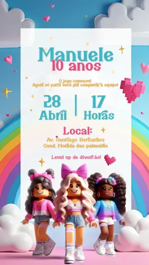 Convite Aniversário Roblox Menina com Personagens para Editar