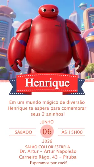 Convite Digital Aniversário Infantil Baymax para Editar