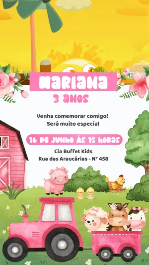 Convite Animado de Aniversário Fazendinha Aquarela para Editar