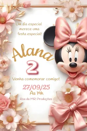 Convite de Aniversário Minnie Rosa e Dourado para Editar