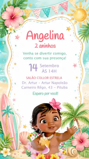 Convite de Aniversário Moana Baby Editável para Festa na Praia