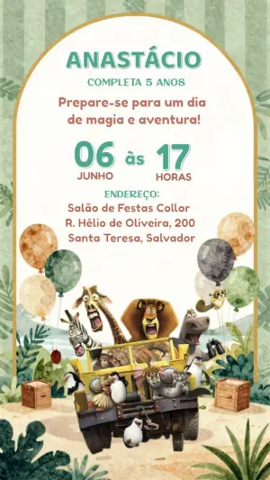 Convite Digital Aniversário Madagascar Tema Selva para Editar