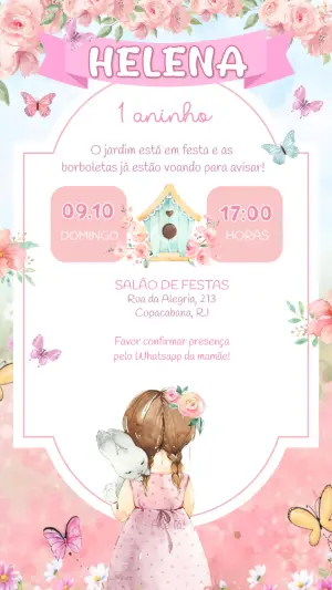 Convite Aniversário Jardim das Borboletas Aquarela Editável