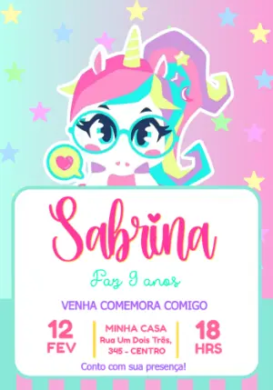Convite de Aniversário Unicórnio Puket para Editar