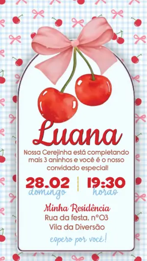 Convite de Aniversário Infantil Tema Cerejinha Fofo para Editar