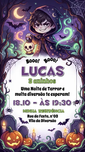 Convite de Aniversário Halloween Bruxinho Fofo Editável
