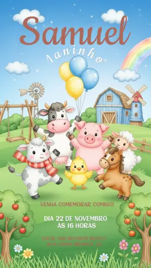 Convite Aniversário Fazendinha com Animais para Editar Online
