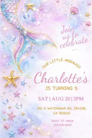 Editable Mermaid Birthday Invitation with Glitter & Watercolor