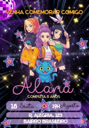 Convite de Aniversário Guerreiras do K-Pop para Editar
