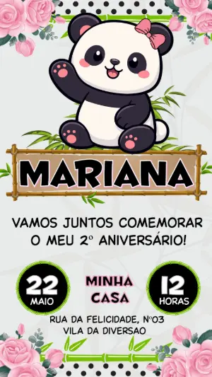 Convite de Aniversário Panda Menina Fofo para Editar