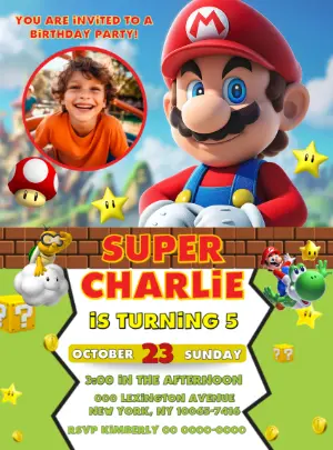 Super Mario Birthday Invitation Editable Template with photo